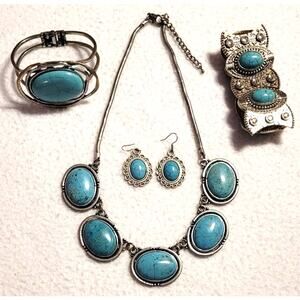 Faux Turquoise Statement Jewelry Lot Necklace Earrings Bracelets Western Boho
